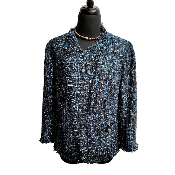 Anne Klein Women's Open woven fringed fully lined Blue tweed metallic Jacket 12 - Picture 1 of 12